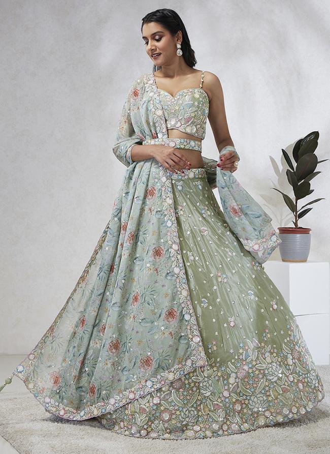 Silk Chiffon Lime Green Wedding Wear Sequinned Lehenga Choli